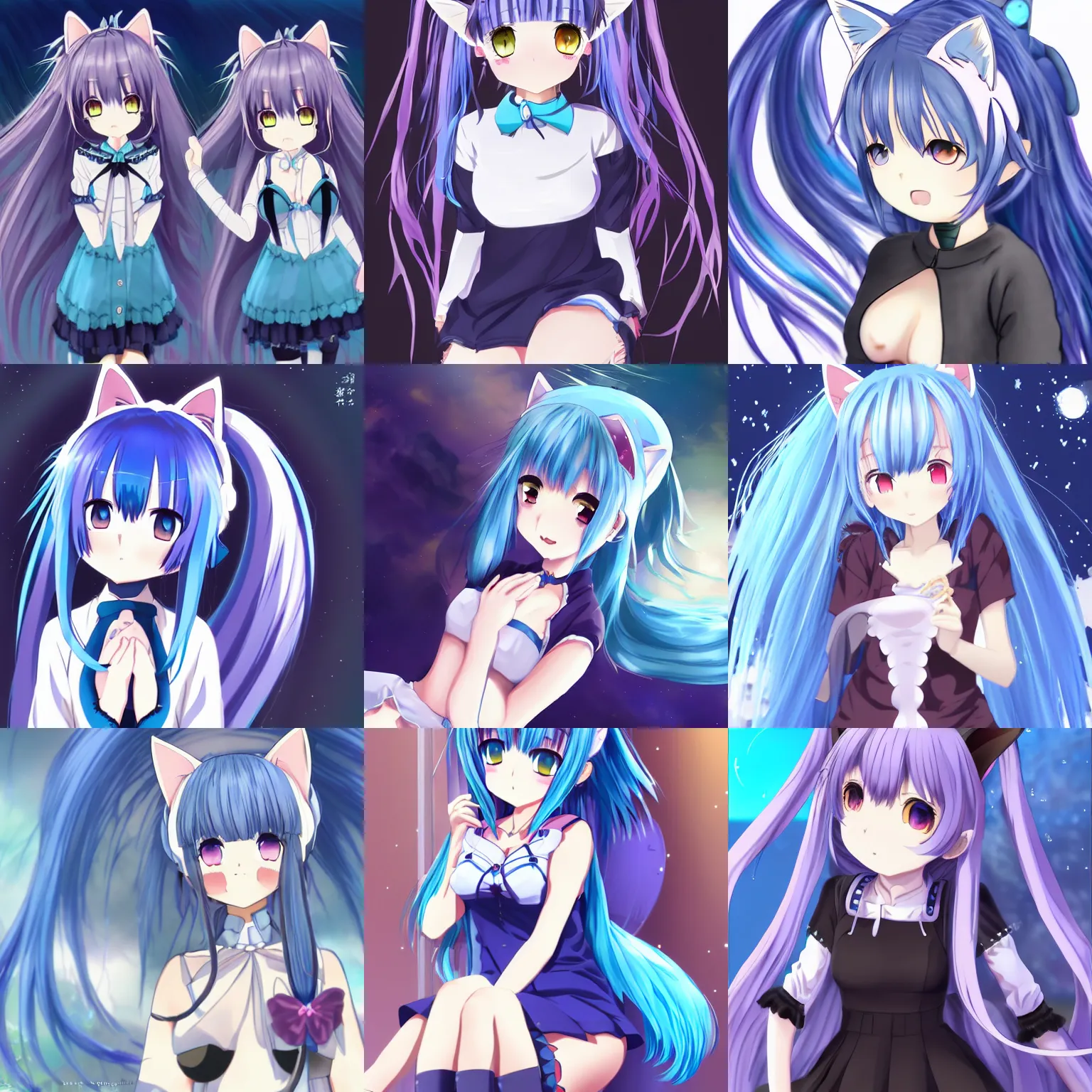 Prompt: nekopara vn anime art blue hair detailed cat ears and eyes cat girl nekomimi dress vibrant nebula sky shinkai makoto Studio ghibli