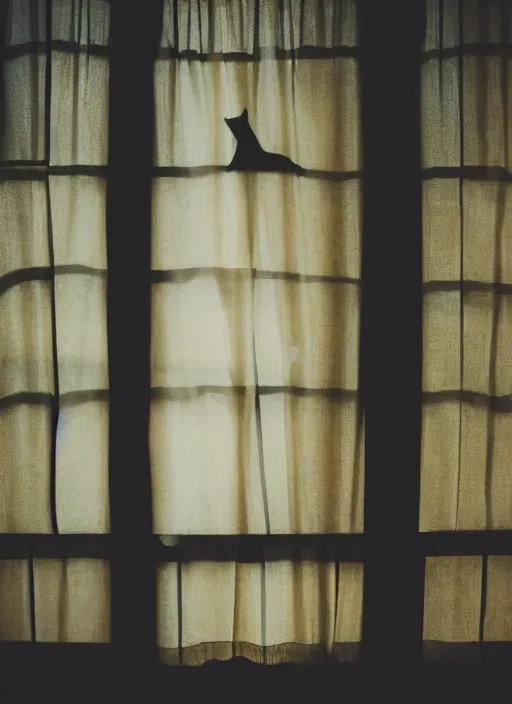 Prompt: a cat silhouette behind a transparent window curtain