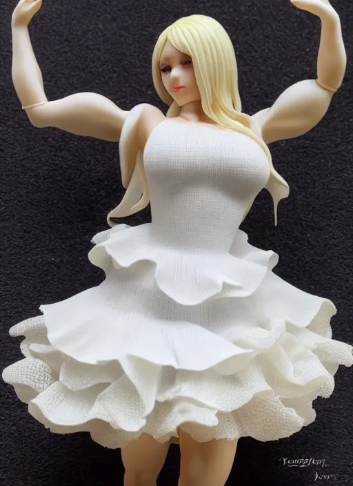 Image similar to Product Introduction Photos, 4K, Full body, 80mm resin detailed miniature of a very muscular lady in White and short lacy ruffled skirt, dark skin, Blonde hair