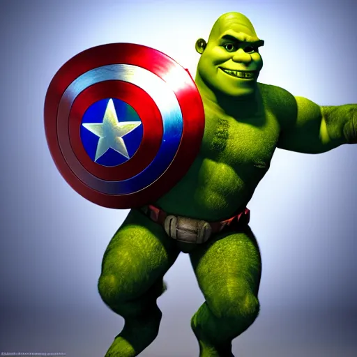 Image similar to digital painting of Shrek as Captain America, octane render, volumetric lightening, by marvel