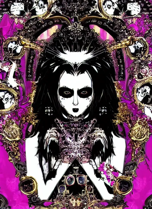 Prompt: baroque bedazzled gothic royalty frames surrounding a pixelsort emo demonic horrorcore Japanese Edward Scissorhands in Wonderland, sharpened early computer graphics, remastered chromatic aberration