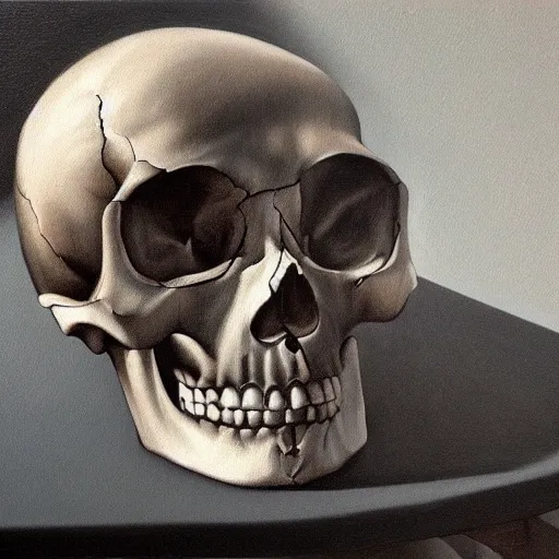 Image similar to hyperrealism painting of a skull on a table, soft shadows