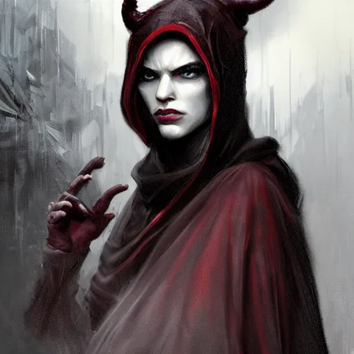 Image similar to masterpiece portrait of a crimson skinned surly and resentful female tiefling thief with pure black eyes and horns wearing a black hooded cloak and a thief's leather garb, by Greg Rutkowski, as seen on ArtStation, 4k, dungeons and dragons, very aesthetic, very detailed, intricate, unreal, fantasy, dramatic, painterly, artstation, sharp focus, smooth