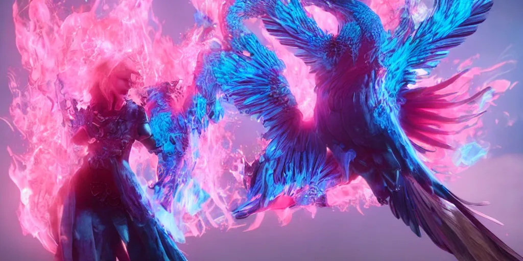 Prompt: pink and blue flaming phoenix, character portrait, unreal engine 5, intricate, detailed, realistic, masterpiece