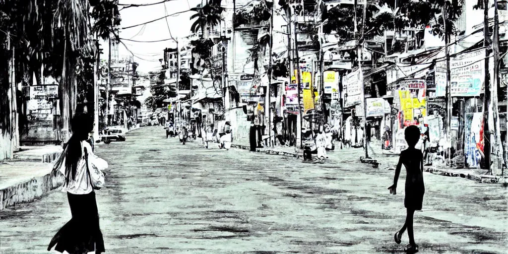 Prompt: colombo sri lankan city street, silhouette of a girl, art by Hayao Miyazaki