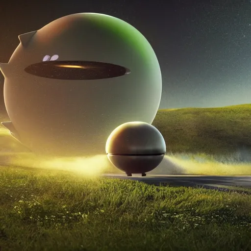 Prompt: a spherical car driving down the road with t - rex dancing behind it, smoky, green hills, many interstellar plants, futuristic concept design, atmospheric landscape, digital art, unreal engine, 8 k, cinematic level.