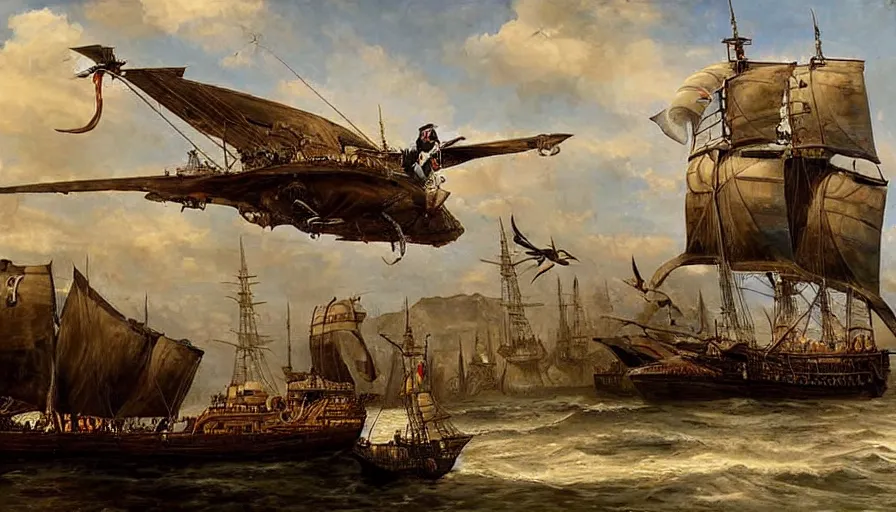 Image similar to a large flying pirate airship, flying, realist painting, pirate, beautiful, highly detailed