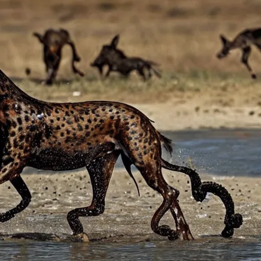 Image similar to National Geographic photo of horse full of octopus being eaten by African hunting dogs