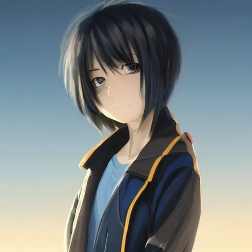 Prompt: profile shot of rimuru tempest averting his gaze, sky blue hair, straight hair, pretty, long bangs, amber eyes, all black jacket with white stripes, high collar | highly detailed, unreal engine 5, color block, digital painting, concept art, cinematic, wlop | artgerm, pixiv, greg rutkowski, ilya kuvshinov