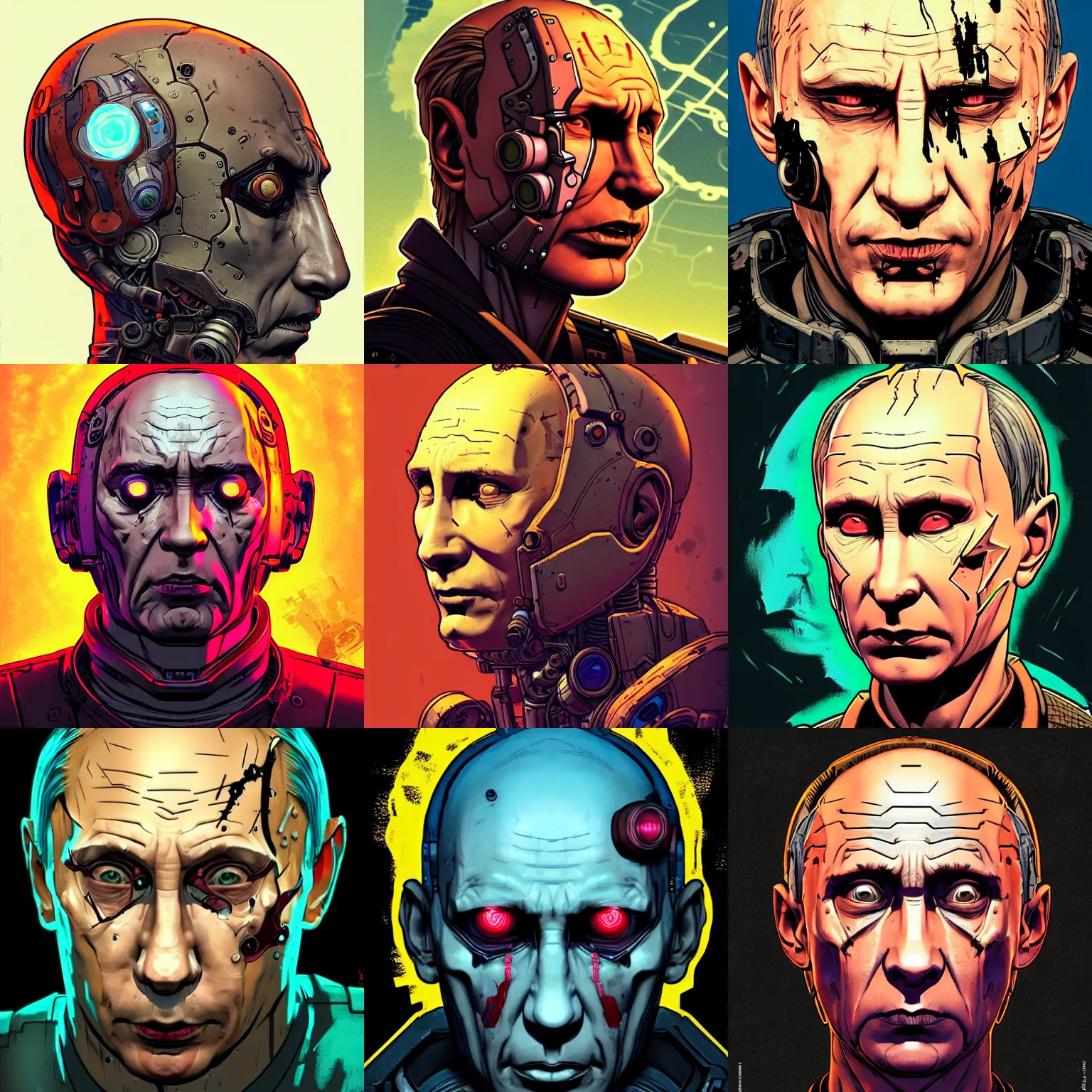 Prompt: cell shaded head portrait of a cybernetic vladimir putin as Borderlands 3 concept art, llustration, post grunge, concept art by josan gonzales and wlop, by james jean, Victo ngai, David Rubín, Mike Mignola, Laurie Greasley, highly detailed, sharp focus,alien,Trending on Artstation, HQ, deviantart, art by artgem