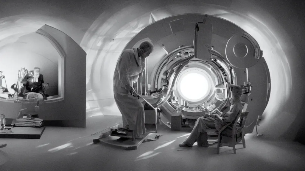 Image similar to an mri section of james cavell in the living room, film still from the movie directed by denis villeneuve with art direction by salvador dali, wide lens