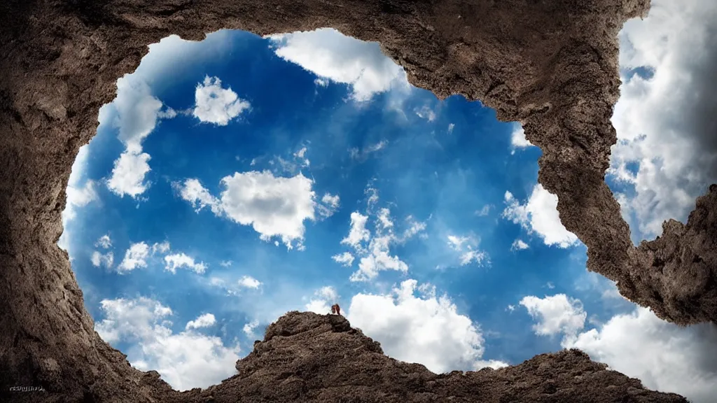 Image similar to looking up at the clouds from a deep hole in the ground, surrealism photography by Sarolta Bán