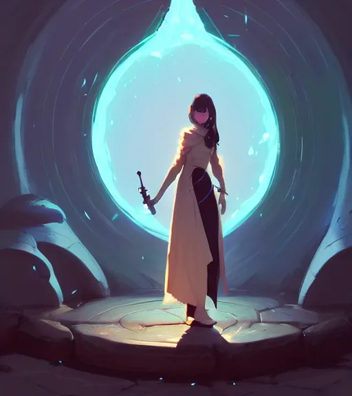 Prompt: portrait of a female mage, d & d, fantasy, standing near a portal by atey ghailan, by greg rutkowski, by greg tocchini, by james gilleard, by joe fenton, by kaethe butcher, dynamic lighting, gradient light blue, brown, blonde cream and white color scheme, grunge aesthetic