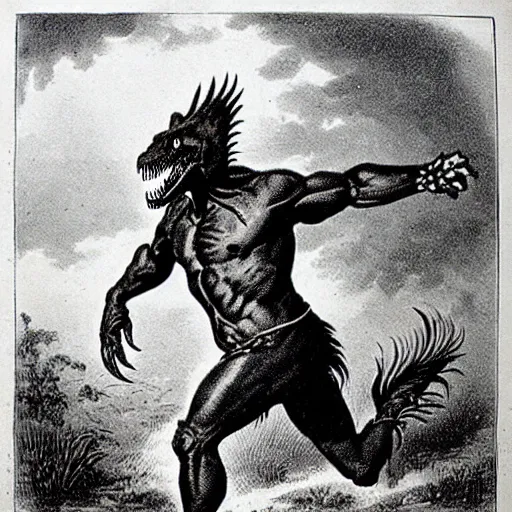 Prompt: antique lithograph from 1 9 0 0 of mr t as a tyrannosaurus rex, running in a field