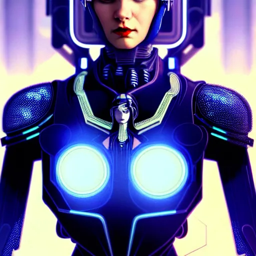 Image similar to woman in hitech armor costume with dark bobcut haircut with friendly blue eyes and slim features looking askance, cyberpunk bionics, retro - futurist style, intricate, elegant gleaming jewelry, angelic halo, highly detailed, digital painting, artstation, concept art, smooth, sharp focus, illustration, art by wlop, mars ravelo and greg rutkowski