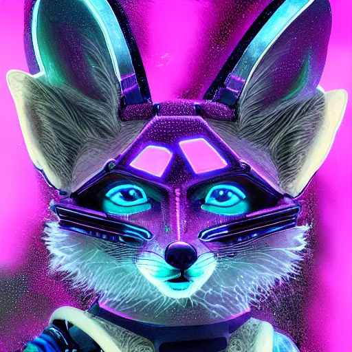 Prompt: face portrait of a cyborg fennec fox animal assassin, in black carbon fiber pink and blue sci-fi clothing, light coming off of the clothing, tech wear, sci-fi, vaporwave, intricate, elegant, highly detailed, digital painting, artstation, concept art, smooth, sharp focus, illustration, trending on art station, dynamic lighting, cinematic, ultra detailed, fantasy concept art