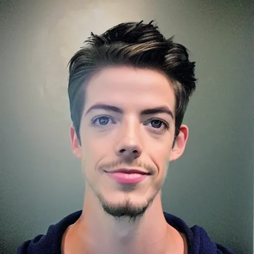 Image similar to “a realistic detailed photo of a guy who is an attractive humanoid who is half robot and half humanoid, who is a male android, actor Grant Gustin, shiny skin, posing like a statue, blank stare, at the museum, on display”