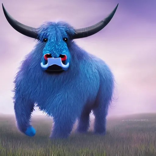 Prompt: an illustration of a giant blue six legged beast with head resembling a bull, thick fluffy fur walking across a peaceful fantasy meadow digital art concept art