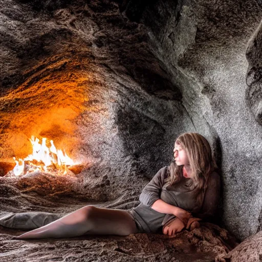 Prompt: im sitting in a dark cave, it's raining outside, there is a fire keeping me warm, detailed, photograph, natural lighting