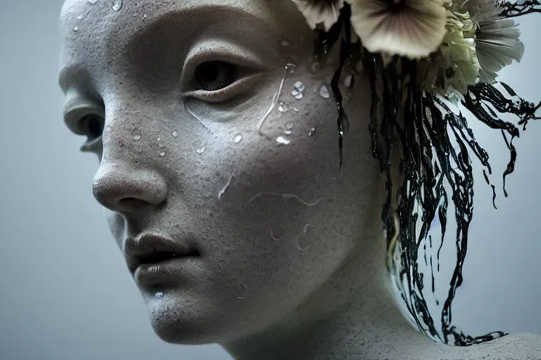 Image similar to a sculpture of a beautiful woman with flowing tears, fractal flowers on the skin, intricate, a marble sculpture by nicola samori, behance, neo - expressionism, wax sculpture, apocalypse art, made of mist, still frame from the prometheus movie by ridley scott with cinematogrophy of christopher doyle, arri alexa, anamorphic bokeh, 8 k