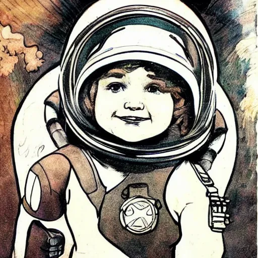 Image similar to a cute little girl with a mischievous face and short brown wavy curly hair. she is dressed as an astronaut. well composed, clean elegant painting, beautiful detailed face. comic book art by steve ditko and jack kirby and ( arthur rackham )