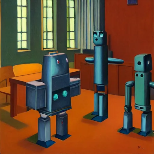 Image similar to three brutalist robot bishops in a study chambers, grant wood, pj crook, edward hopper, oil on canvas