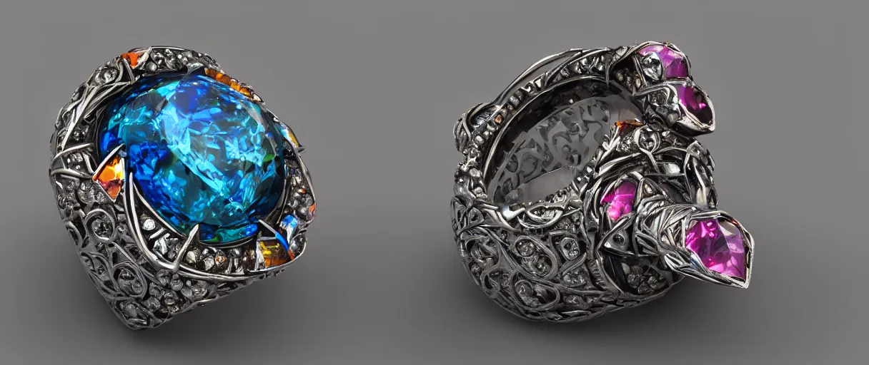 Image similar to magic crystal ring, fire, stone, crystal, engravings, diamonds, colorful, art by gerald brom, greg rutkowski, photo realism, unreal engine, c 4 d