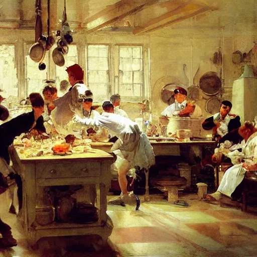 Image similar to a busy kitchen full of chefs, by mead schaeffer and jean - honore fragonard