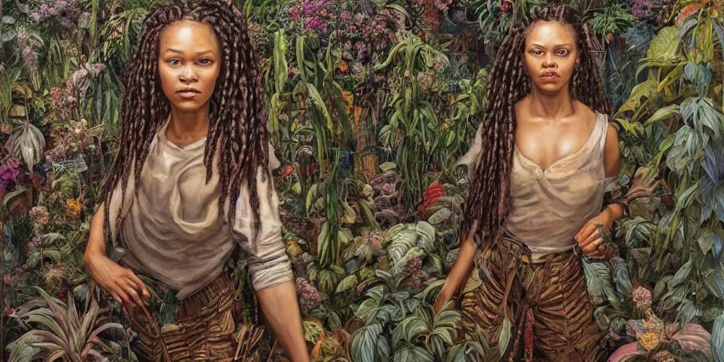 Prompt: a portrait of a beautiful!! and fierce!!!! woman with cornrow braids by Tim Okamura and Ben Enwonwu, she is standing in a very large room filled with plants with many windows and columns, a detailed matte painting by Noah Bradley and Moebius, cgsociety, concept art, solarpunk, optimistic future, natural light, golden light, life after the plague, backlit, rim lighting