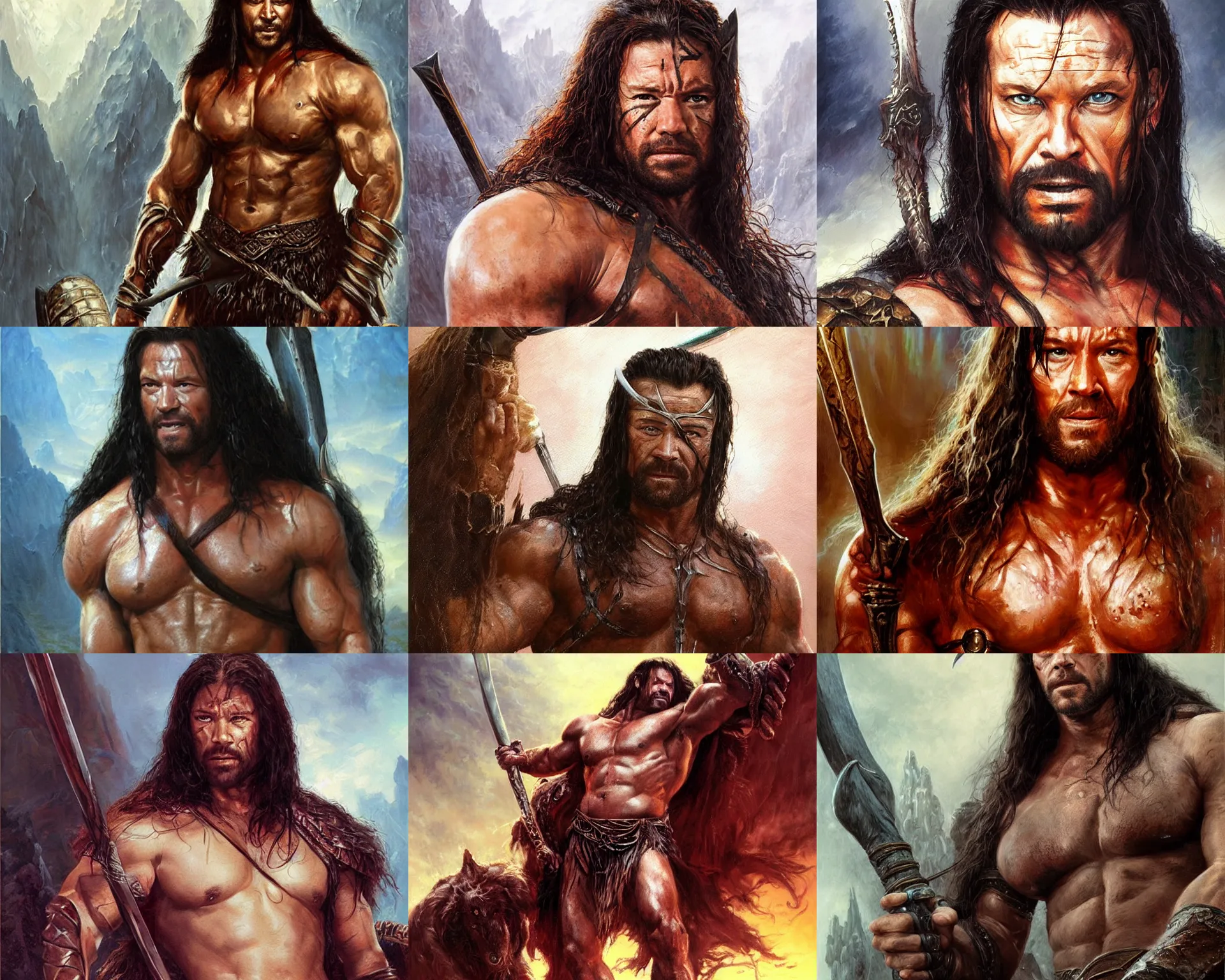 Prompt: portrait of ian bohen as conan the barbarian, an oil painting by ross tran and thomas kincade