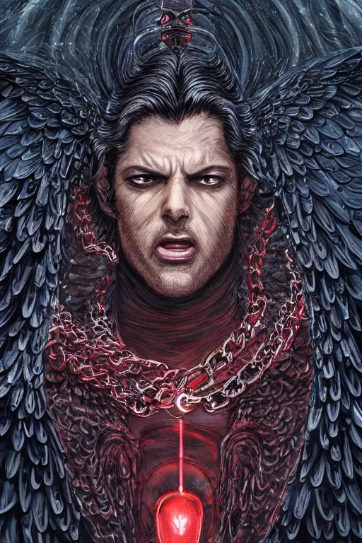 Image similar to lucifer, dark angel, red eyes, chain, handcuffs, large chain, wide open mouth, scream, cruelty, sad, sea bottom, light effect, hyper detailed, intricate, elegant, highly detailed, digital painting, artstation, concept art, matte, sharp focus, illustration, by dan mumford, yusuke murata, makoto shinkai, ross tran