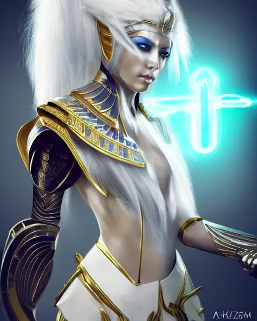 Image similar to perfect white haired attractive egyptian goddess, warframe armor, pharaoh headdress, beautiful, symmetric, dreamy, half asian, pretty face, green eyes, charlize theron, detailed, scifi platform, laboratory, experiment, 4 k, ultra realistic, epic lighting, android body, illuminated, cinematic, masterpiece, art by akihito tsukushi, voidstar