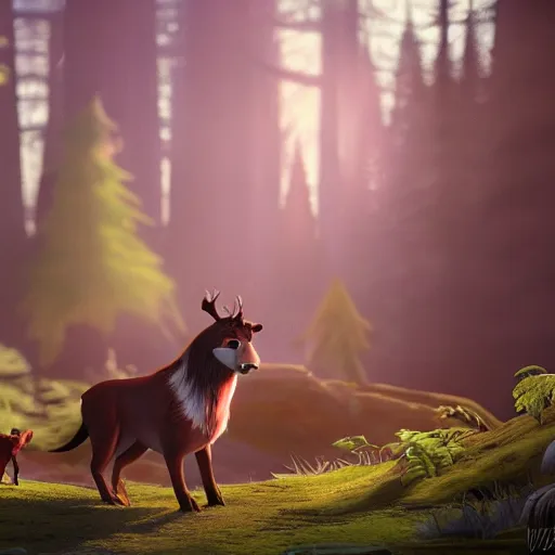 Image similar to medium shot native american with animal companion, in a dark forest, mysterious, backlit, still from a pixar dreamworks movie, trending on artstation