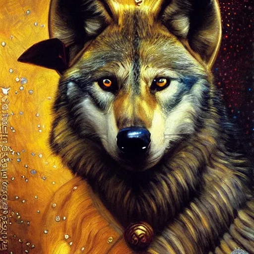 Prompt: a portrait of a wolf hyenaman canine star trek chief engineer. highly detailed painting by gaston bussiere craig mullins jc leyendecker gustav klimt artgerm greg rutkowski furry