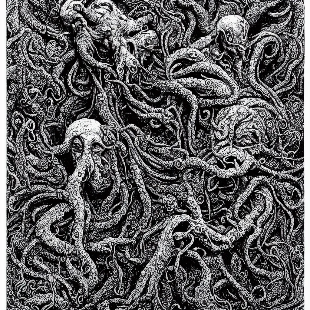 Image similar to portrait of Cthulhu by Dan Hillier, intricate, lovecraftian, black and white and gold