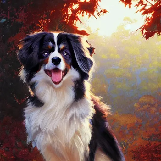 Image similar to australian shepherd, realistic shaded lighting poster by ilya kuvshinov katsuhiro otomo, magali villeneuve, artgerm, jeremy lipkin and michael garmash and rob rey