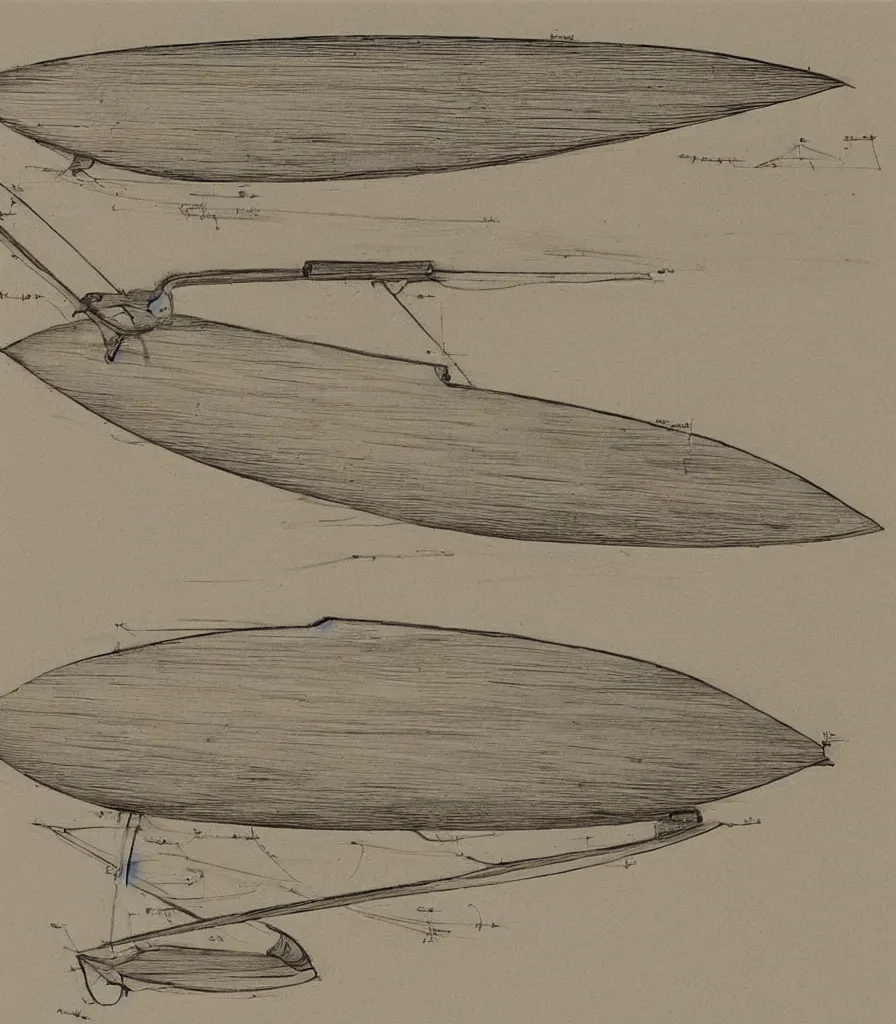 Prompt: blueprint sketch of a beautiful surfboard painted by leonardo da vinci, technical sketch, high detail, charocal drawing, firewire gofish