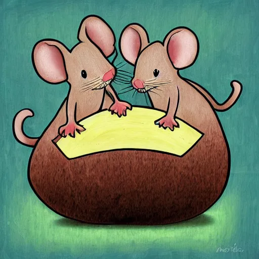 Image similar to two happy mice on a cheddar planet, highly detailed, digital art