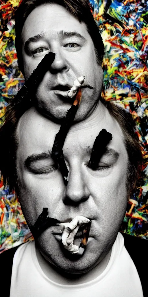 Image similar to award winning photo of bill hicks SNORTING SMOKING TRIPPING, vivid colors, happy, symmetrical face, beautiful eyes, studio lighting, wide shot art by Sally Mann & Arnold Newman