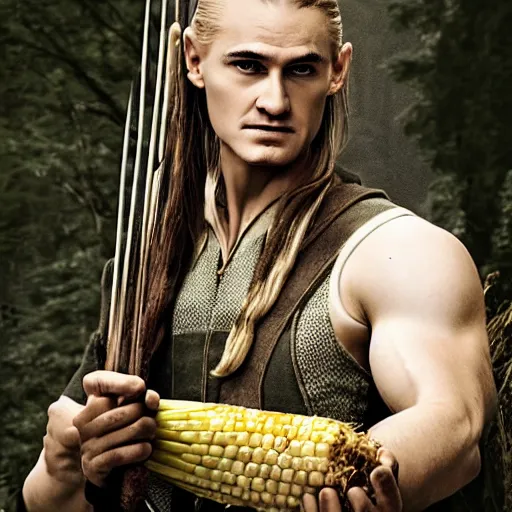 Prompt: Legolas cradling a giant piece of corn, photorealistic, somber,