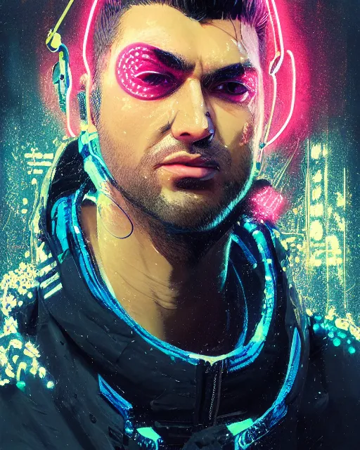 Image similar to detailed portrait Xavier Singy Neon Operator boy, cyberpunk futuristic neon, reflective puffy coat, decorated with traditional Japanese ornaments by Ismail inceoglu dragan bibin hans thoma greg rutkowski Alexandros Pyromallis Nekro Rene Maritte Illustrated, Perfect face, fine details, realistic shaded, fine-face, pretty face