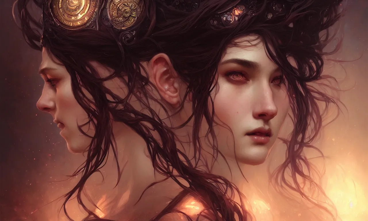 Image similar to portrait of chaos goddess closeup filled background around face, fantasy magic, undercut hairstyle, dark light night, intricate, elegant, sharp focus, illustration, highly detailed, digital painting, concept art, matte, art by wlop and artgerm and greg rutkowski and alphonse mucha, masterpiece