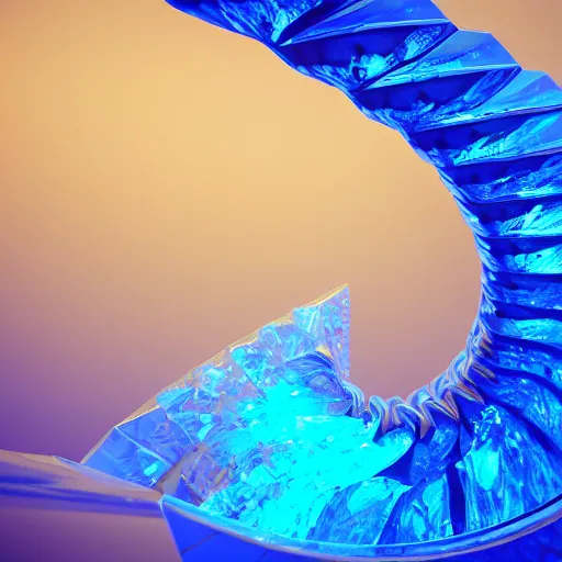 Image similar to Render of a beautiful spiraling gigantic radiant blue crystal, golden hour, serene, far away shot, hyperdetailed, trending on Artstation, Unreal Engine 4k