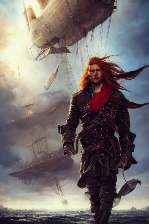 Prompt: a portrait of a long haired, red headed male sky - pirate in front of an airship, oil painting, darkness, paint texture, digital painting, highly detailed, artstation, sharp focus, illustration, concept art, ruan jia, charlie bowater, tom bagshaw, norman rockwell