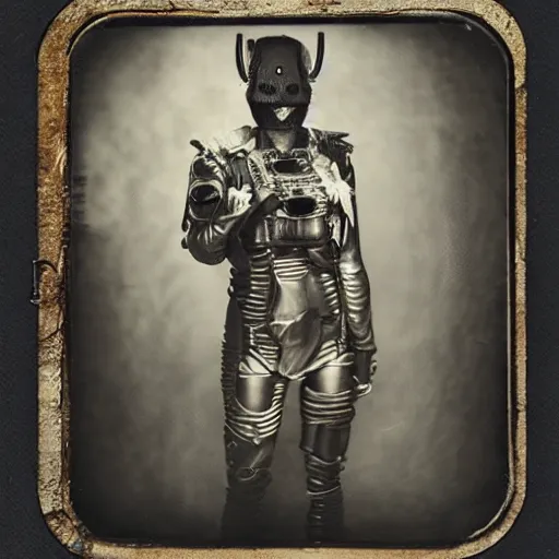 Image similar to tintype photographs of techno shamans, telepaths, dieselpunk cyborgs, masked heroes, irradiated humans, ancient ones, mystic monsters, and monster hunters