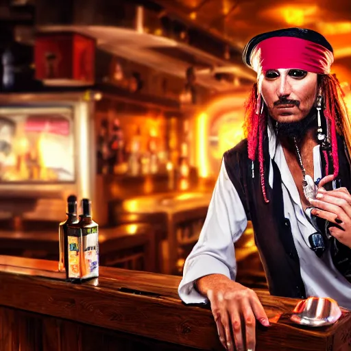 Image similar to high quality portrait of a pirate bartender in a cyberpunk cyberpunk cyberpunk cafe, realism, 8k, award winning photo