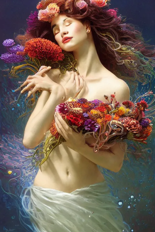 Image similar to portrait of a beautiful mysterious woman holding a bouquet of flowing flowers, hair flowing upwards, small bubbles from her mouth, hands hidden under the bouquet, submerged underwater filled with colorful small fish and coral reef, fantasy, regal, intricate, by stanley artgerm lau, greg rutkowski, thomas kindkade, alphonse mucha, loish, norman rockwell