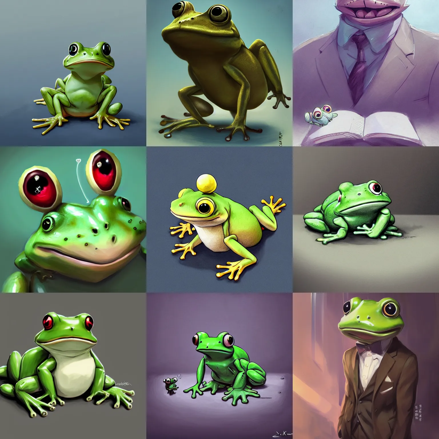 Prompt: cute anime antropomorphic chib frog in suit illustration by greg rutkowski highly realistically detailed, trending on pixiv, unreal engine 4 k, stanley artgerm lau, wlop, rossdraws, james jean, andrei riabovitchev, marc simonetti, and sakimichan