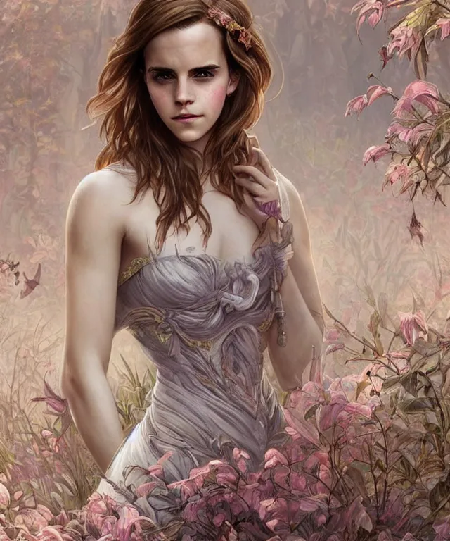 Prompt: epic full body portrait of Emma Watson fantasy, intricate, elegant, highly detailed, digital painting, artstation, concept art, smooth, sharp focus, illustration, deep forest on background, art by artgerm and greg rutkowski and alphonse mucha,