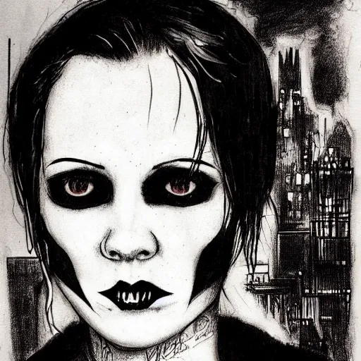 Prompt: gothic punk from chicago, character portrait, ink drawing, black and white, concept art by tim bradstreet
